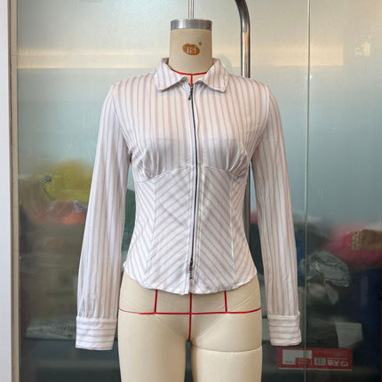 Women Clothing Spring Advanced Striped Long Sleeve Cardigan Shirt