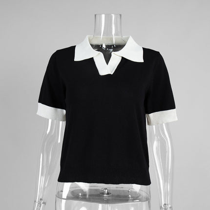 Short Sleeved Knitwear Summer Office Polo Collar Contrast Color Slim Fit Knitted Top