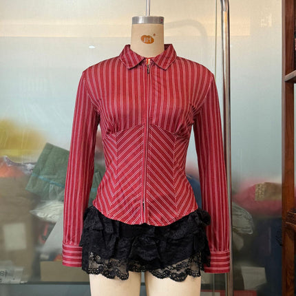 Women Clothing Spring Advanced Striped Long Sleeve Cardigan Shirt