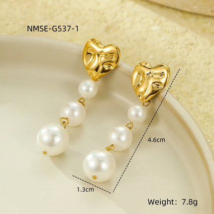 Titanium Steel Heart-Shaped Pleated Pearl Embellished Tassel 18K Gold All Match Stainless Steel Earrings