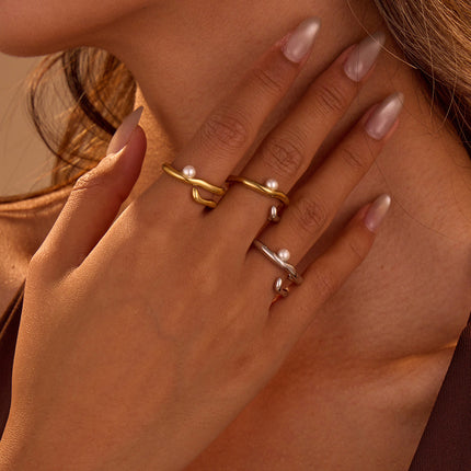 Geometric Abstract Design Irregular Asymmetric Stainless Steel Ring Color Matching Imitation Pearl Niche High Grade Ring