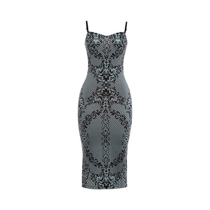 Autumn Winter Women Clothing Suspenders Low Cut Backless Print Back Slit Slim Fit Sexy Dress