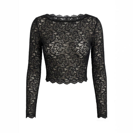 Women Lace Long Sleeved Top Sexy Mesh See through Slim Bottoming Shirt