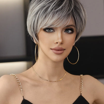 European & American Short Platinum Highlight Black Wig | Full Head Cover Artificial Human Hair Wig for Women (Natural Hairstyle with Oblique Bangs)