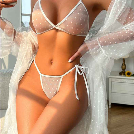 See through Nightgown Ruffled Lace up Sleepwear Set
