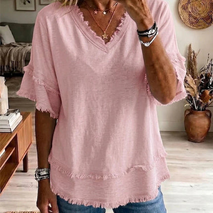 V neck Pullover Short Sleeve Loose Women Shirt Casual Women Tops