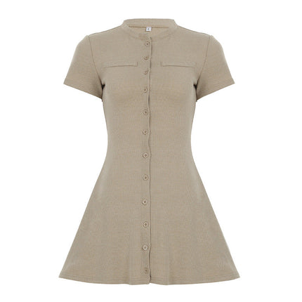 Women Clothing Solid Color Classic Knitted Dress round Neck Single Breasted Short Sleeve Waist A line Dress