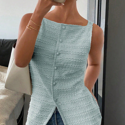 Elegant Single Breasted round Neck Sleeveless Slim Vest Solid Color Women Top