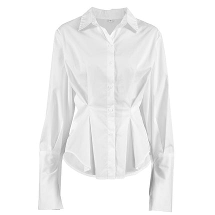 Court White Cotton Shirt Women Light Luxury Pleat Waisted Slim-Fit Long-Sleeved Collared Shirt