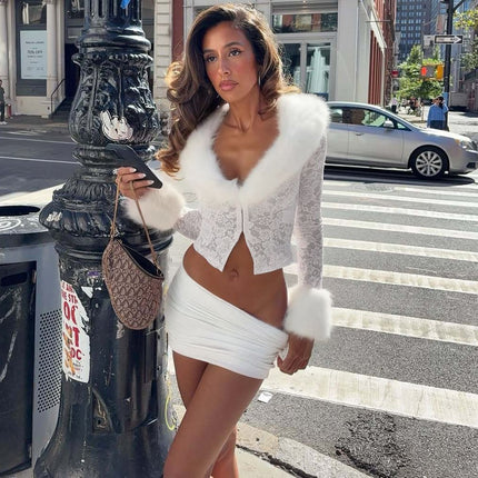 Lace Plush Long Sleeved Skirt Set