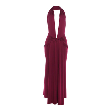 Women Clothing Sexy Halter Deep V Plunge neck Backless Split Solid Color Dress