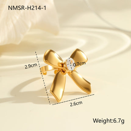 Bowknot Zircon Titanium Steel Ring 18K Gold Plating Open Ring Hand Jewelry