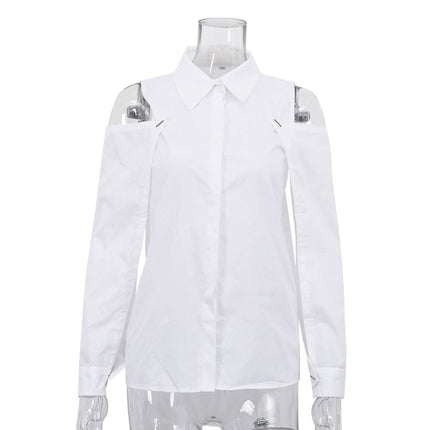 Women Clothing Design Detachable Long Sleeve White Blouse Spring Autumn Cotton Collared off Shoulder Shirt