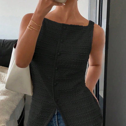 Elegant Single Breasted round Neck Sleeveless Slim Vest Solid Color Women Top