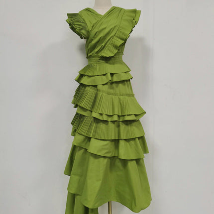 Spring Elegant Elegant Wooden Ear Stitching High Grade V neck Cross Maxi Dress Women Clothing