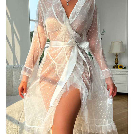 See through Nightgown Ruffled Lace up Sleepwear Set