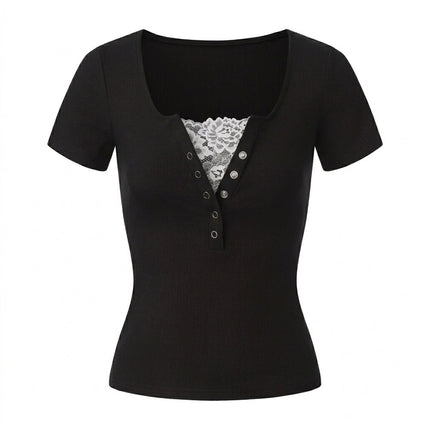 Summer Lace Stitching Sexy Solid Color Summer Short Sleeved T shirt Bottoming Shirt Women