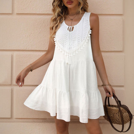 Bohemian White Sleeveless Dress Summer Ethnic Tassel V neck Short Holiday Beach Dress