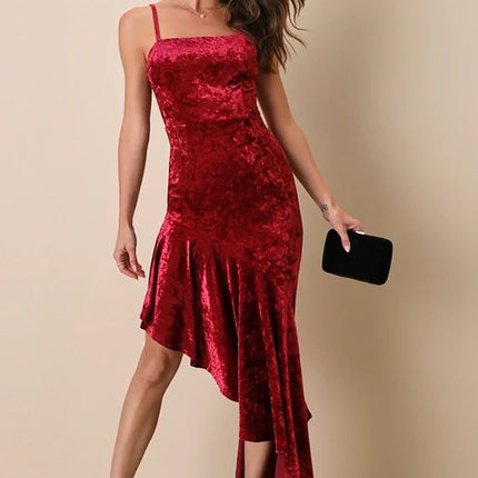 Pleuche Spaghetti Strap Dress Sexy Patchwork Ruffled Sheath Fishtail Dress