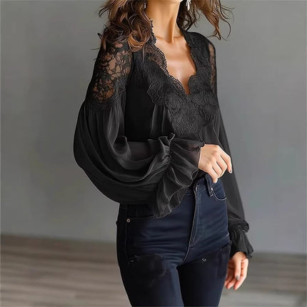 Women Lace Stitching Puff Sleeve Pleated Shirt