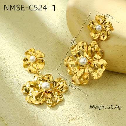 Gold Titanium Steel Petal Pearl Non Fading Stainless Steel Earrings Earrings