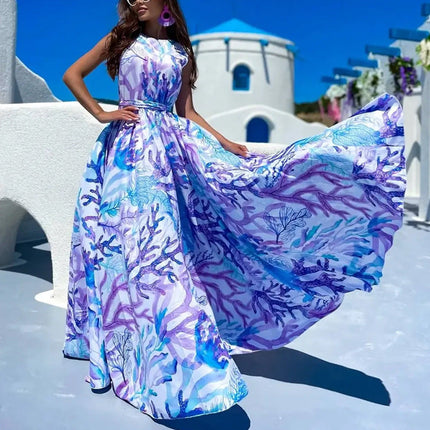 Summer Women Sleeveless Mid Length Beach Print Dress
