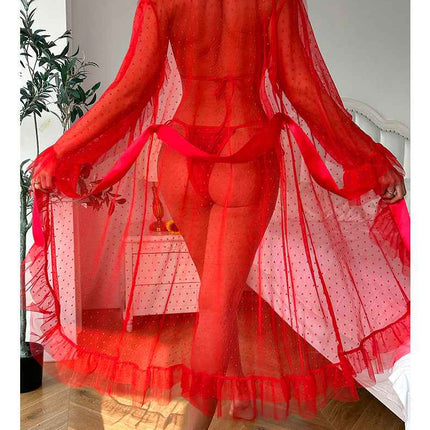 See through Nightgown Ruffled Lace up Sleepwear Set