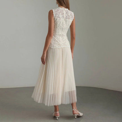 Women Elegant High Grade Dress Summer Lace Embroidered Mesh Stitching Sleeveless Dress