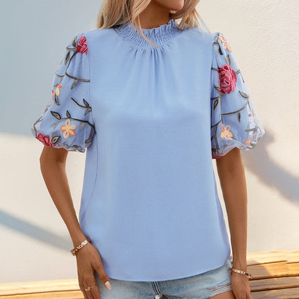 Summer Embroidered Floral Mesh Patchwork Puff Sleeve Shirt Half Turtleneck Shirt Women