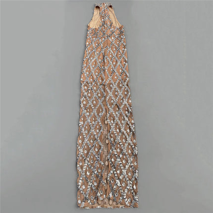 Rhinestone Halter Sleeveless Floor Dress
