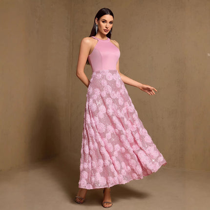 Spring Summer Print Heavy Industry Stitching Large Hem Fully Lined Evening Dress