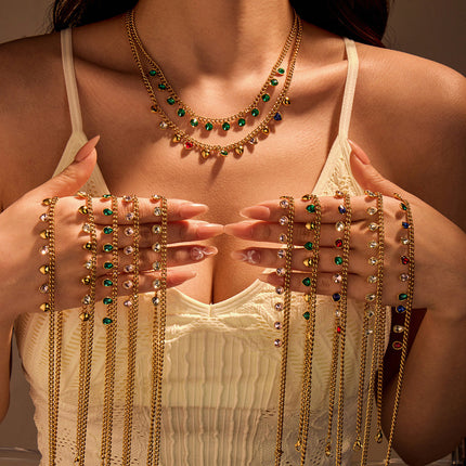 Classic Stainless Steel Color Rhinestone Tassel Necklace Women Twin Titanium Steel Clavicle Chain Jewelry