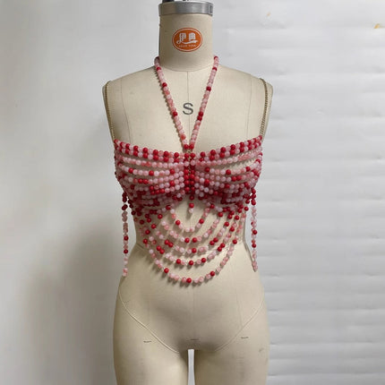 Multi Layer Pearl Halter Out Camisole T-shirt