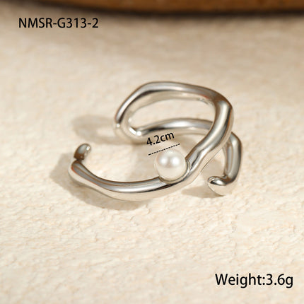 Geometric Abstract Design Irregular Asymmetric Stainless Steel Ring Color Matching Imitation Pearl Niche High Grade Ring