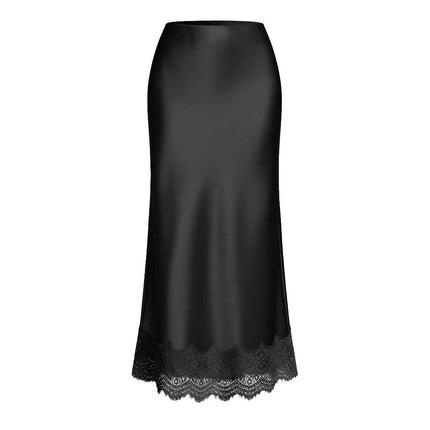 Women Clothing Lace Satin Skirt High Waist Elastic Elegant Sheath Skirt