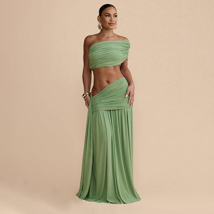 Women Clothing Spring Sexy Solid Color Tube Top Vest Slim Ribbon Pleated Skirt Sets