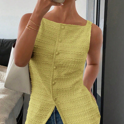 Elegant Single Breasted round Neck Sleeveless Slim Vest Solid Color Women Top