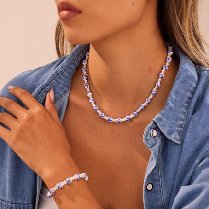 Special Interest Design Ceramic Necklace Set Floral Beads Blue White Porcelain Beaded Chain Jewelry