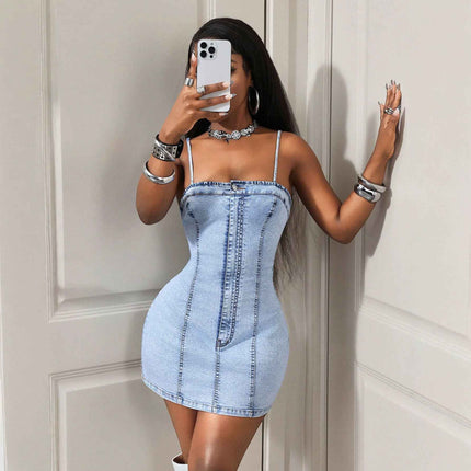 Sling Waist Slimming Sheath Women Denim Dress