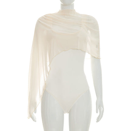 Women Clothing Summer Solid Color Sexy Sleeveless Asymmetric Shawl Mesh Slim Fit Two Piece Set Jumpsuit