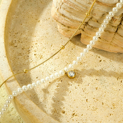 All Match Pearl Double Chain Inlaid Zircon Titanium Steel Necklace 18K Stainless Steel Clavicle Chain Accessories