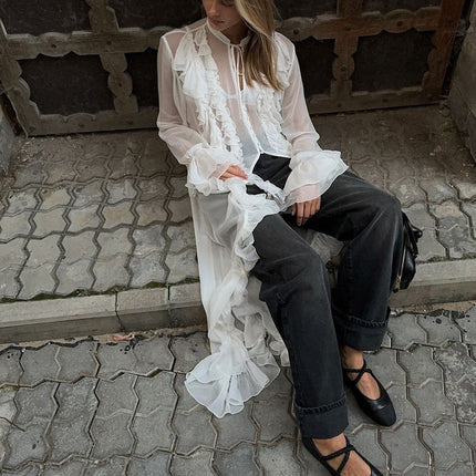 Women Clothing Design Ruffled Chiffon Dress Sexy Sheer Long Sleeve Single Breasted Sexy Dress