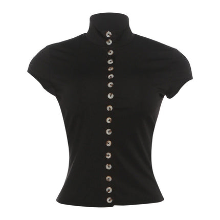 Summer Women Clothing Breasted Short Top Solid Color Slim Slimming Short Sleeve T shirt