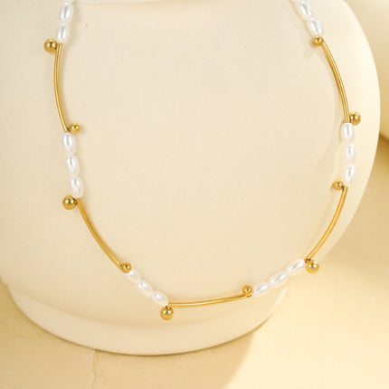 French Hepburn Advanced Baroque Imitation Pearl Necklace Batch Floral Tube Spacer Beads 18K Real Gold Stainless Steel Clavicle Chain