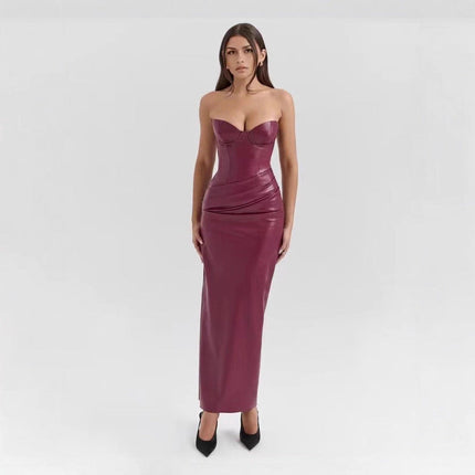 Leather Tube Top Dress Sexy Lace up Slit Sheath Maxi Dress Evening Dress