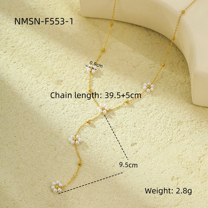 Stainless Steel Long Necklace Pearl Floral Tassel Necklace Clavicle Chain Non Fading Jewelry Accessories