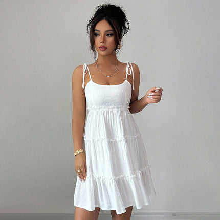 French Women Summer Short Tiered Dress Elegant Tied Suspender Dress