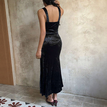 French Romantic Velvet Lace V neck Patchwork Sleeveless Dress Slim Fit Sheath Fishtail Dress Inner Wear