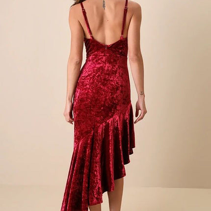 Pleuche Spaghetti Strap Dress Sexy Patchwork Ruffled Sheath Fishtail Dress
