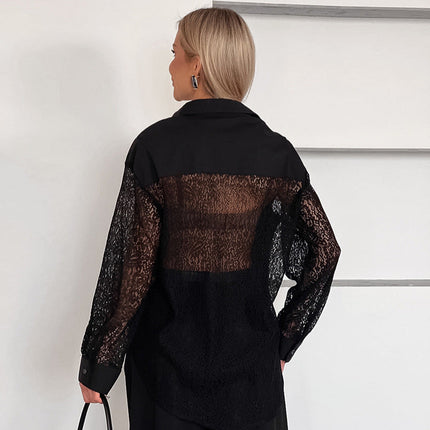 Spring Lace Stitching Hollow Out Cutout Backless Design Long Sleeve Collared Office Shirt for Women